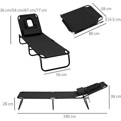 Tumbona plegable tumbona de jardín con respaldo ajustable en 4 niveles almohada orificio de lectura y marco de acero 190x56x28 cm negro