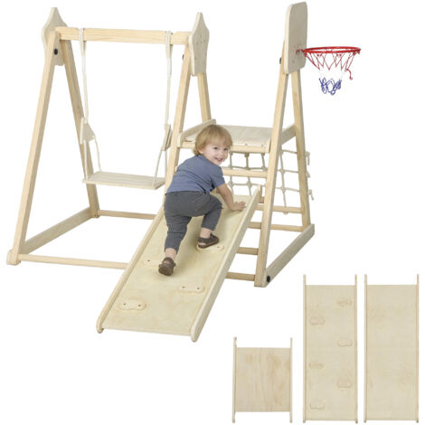 Tobogán Infantil 5 En 1 AIYAPLAY De Madera – Columpio, Aro De Baloncesto, Red Y Tabla Para Niños De 3 A 6 Años (Interior/Exterior)