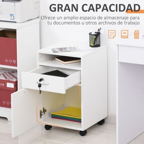 Cajonera para Oficina con Cajón Cerradura Estante Abierto Armario Ruedas Blanco