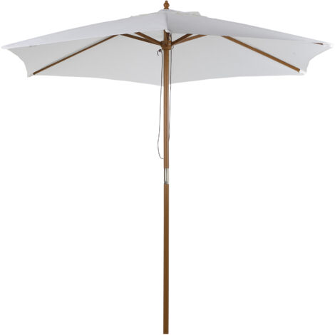 Sombrilla de jardín Ø250x230 cm parasol de terraza con 6 varillas poste desmontable anti-UV impermeable y marco de madera para playa patio blanco
