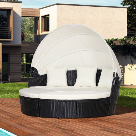 Isla de Ratán para Exterior 5 Piezas Tumbona Redonda con Toldo Plegable Cojines Extraíbles Lavables y 3 Almohadas Marco de Metal 175x180x147 cm