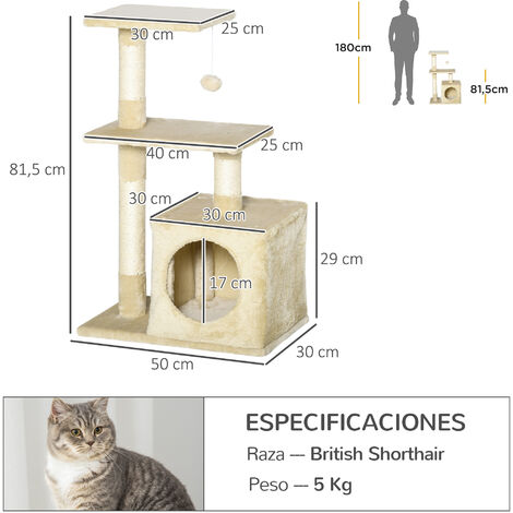 Árbol Rascador para Gatos 50x30x81,5 cm Centro de Múltiples Actividades de Mascotas con Postes Sisal Plataformas Caja Bola Colgante Estilo Elegante