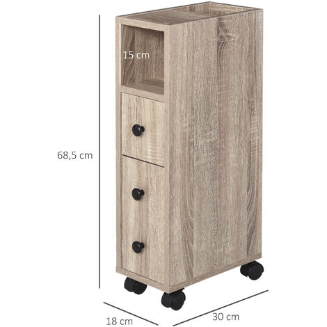 Armario de Baño Mueble para Baño Espacio Limitado con Ruedas Universales 2 Frenos Estantes Abiertos Armario Cajón 18x30x68,5 cm Madera Roble