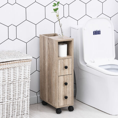 Armario de Baño Mueble para Baño Espacio Limitado con Ruedas Universales 2 Frenos Estantes Abiertos Armario Cajón 18x30x68,5 cm Madera Roble