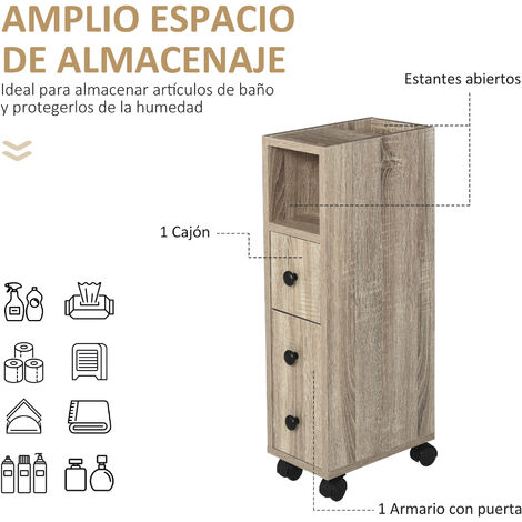 Armario de Baño Mueble para Baño Espacio Limitado con Ruedas Universales 2 Frenos Estantes Abiertos Armario Cajón 18x30x68,5 cm Madera Roble
