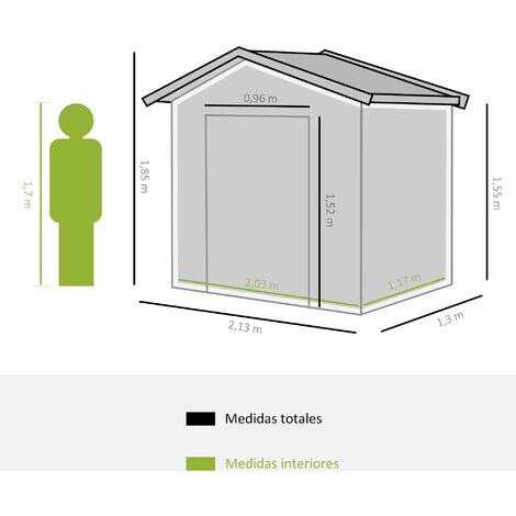Outsunny caseta de jardín 213x130x185cm cobertizo metálico de exterior para almacenamiento de herramientas con 2 puertas correderas y 4 ventanas Caqui