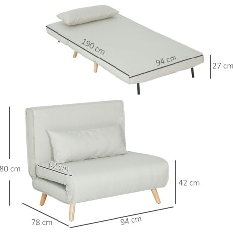 Sofá cama convertible sillón cama con respaldo ajustable en 6 posiciones almohada acolchada carga 350 kg para oficina dormitorio 94x78x80 cm beige