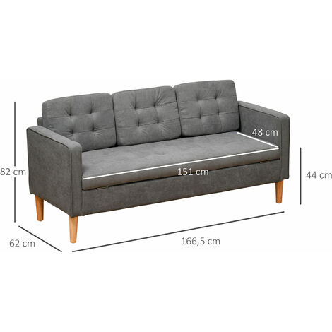 Sofá de 3 Plazas Acolchado con 3 Cojines Espacio Almacenaje 166,5x62x82 cm Gris