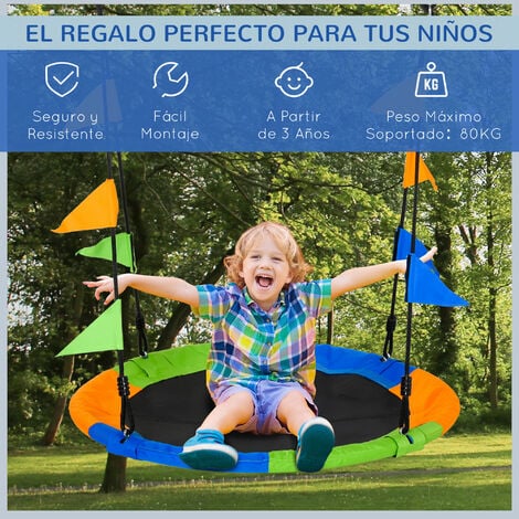 Columpio de Jardín Nido Ø100x120-180 cm Altura Ajustable con Cuerdas y  Banderas para Niños y