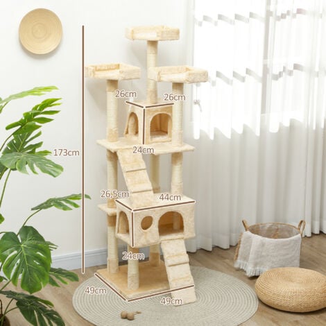 Árbol Rascador para Gatos Grande 49x49x173 cm con Múltiples Niveles con Cuevas Escaleras Juguetes Colgantes Camas Centro Actividades Sisal