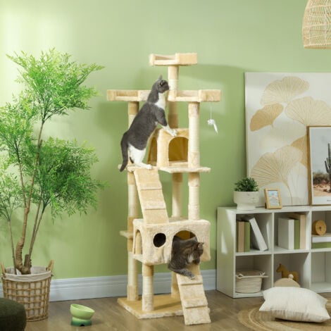 Árbol Rascador para Gatos Grande 49x49x173 cm con Múltiples Niveles con Cuevas Escaleras Juguetes Colgantes Camas Centro Actividades Sisal