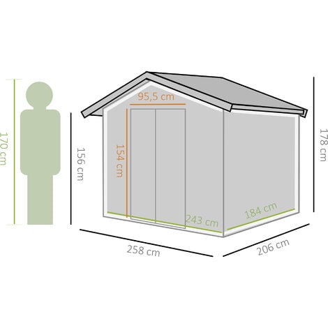 Outsunny cobertizo de jardín 258x206x178 cm 5,3m² caseta metálica con puertas correderas y ventilaciones para almacenamiento de herramientas