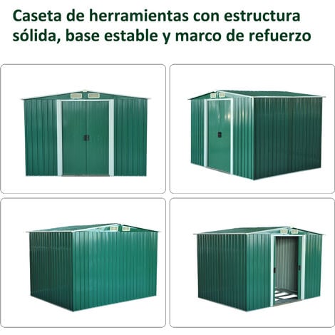 Outsunny cobertizo de jardín 258x206x178 cm 5,3m² caseta metálica con puertas correderas y ventilaciones para almacenamiento de herramientas