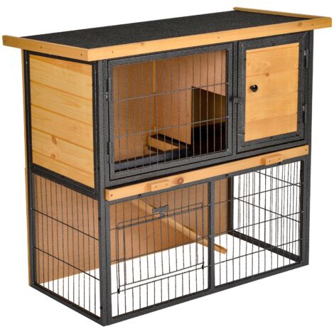 Conejera de Exterior Madera 2 Pisos Rampa Bandeja Extraíble Puerta 89,5x45x81 cm