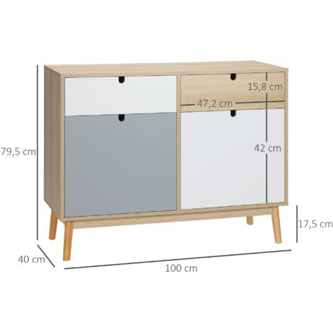 Aparador Auxiliar de Salón con 2 Armarios Cerrados y 2 Cajones Patas Elevadas de Madera de Pino para Cocina Dormitorio 100x40x79,5 cm
