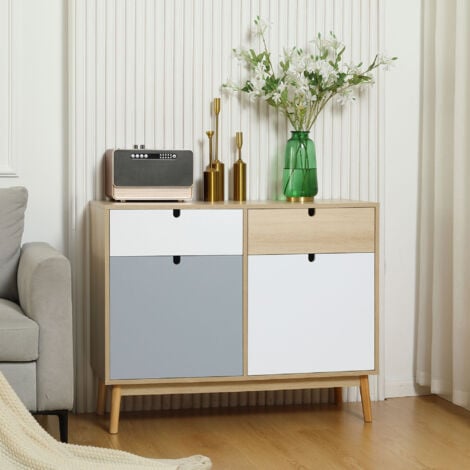 Aparador Auxiliar de Salón con 2 Armarios Cerrados y 2 Cajones Patas Elevadas de Madera de Pino para Cocina Dormitorio 100x40x79,5 cm