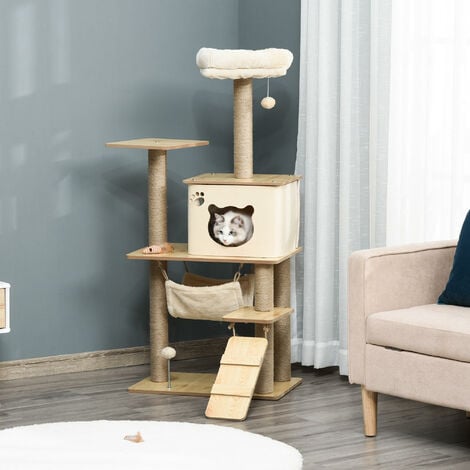 Árbol Rascador para Gatos Torre de Escalada con Plataformas Hamaca Escalera Cueva Postes para Rascar Bola Colgante Juego y Descanso 60x40x130cm Beige