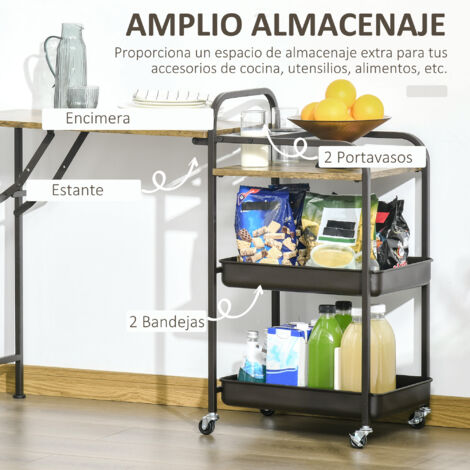 Carro de Cocina con Ruedas Carrito Auxiliar con Estantes de 3 Niveles Hoja Abatible y 2 Portavasos Multiusos para Comedor 118x36,5x82cm Marrón Rústico