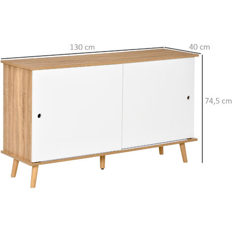 Aparador de Cocina Buffet para Comedor Salón con 2 Puertas Correderas Estantes Interiores Ajustables y Patas de Madera 130x40x74,5 cm Natural y Blanco