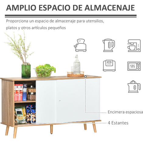 Aparador de Cocina Buffet para Comedor Salón con 2 Puertas Correderas Estantes Interiores Ajustables y Patas de Madera 130x40x74,5 cm Natural y Blanco