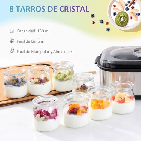 HOMCOM HOMCOM Yogurtera 30W 1,44L con 8 Tarros de Vidrio de 180 ml  Termostato Ajustable Temporizador de 1-48 Horas y Apagado Automático  36x18,8x14 cm