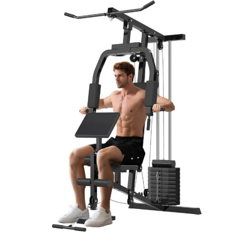 Multiestación Máquina de Musculación con Estribo para Piernas Poleas y Placas de Peso de 45 kg para Entrenamiento en Hogar Gimnasio 148x108x207 cm (1/3)