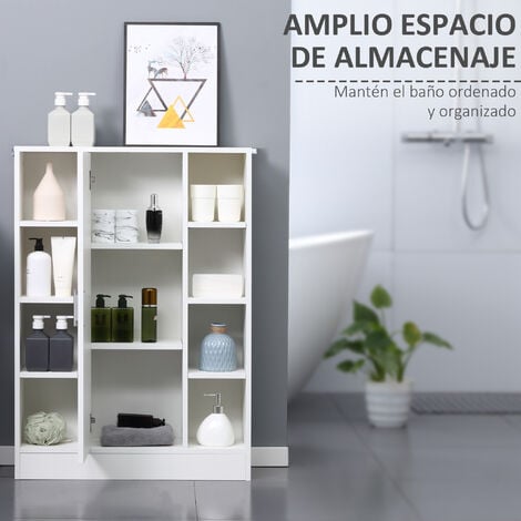 Armario de Suelo para Baño de Madera con 8 Compartimentos Abiertos y 1 Puerta con Estantes Ajustables Mueble Auxiliar para Cocina Salón 71x22x100 cm
