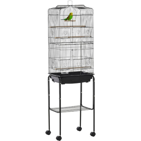 PawHut jaula para pájaros con ruedas 46,5x36x157 cm jaula metálica de aves con puertas 4 comederos 3 perchas bandeja extraíble y estante de almacenaje