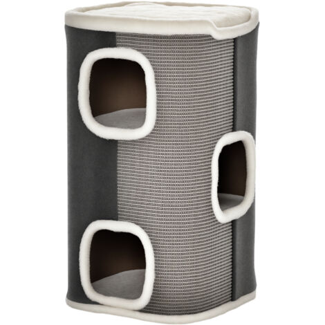 Barril Rascador para Gatos 74 cm de Altura Tonel de Escalada con 3 Cuevas de Sisal y Felpa Plataforma de Lana 40x40x74 cm