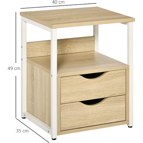 Mesa Auxiliar con 2 Cajones y Estantes de Almacenamiento Mesita de Noche con Marco de Metal para Salón Dormitorio 40x35x49 cm