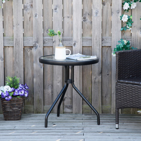 Mesa de Jardín Redonda Mesa de Café Exterior con Tablero de Cristal Decorativo y Marco de Metal para Patio Terraza Balcón Ø50x55 cm