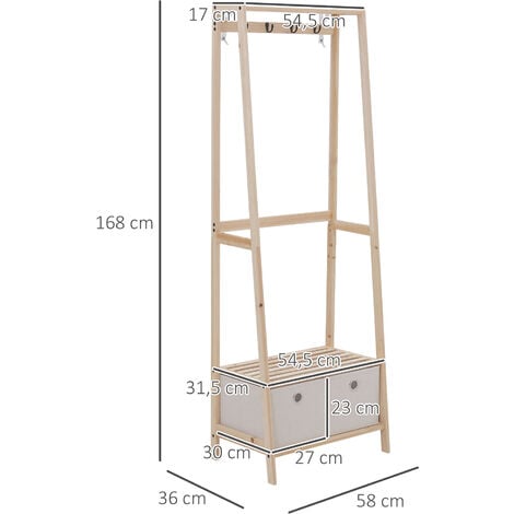 Perchero de Madera con Zapatero de 2 Estantes con 2 Cajones de Tela 4 Ganchos y Barra para Colgar Ropa para Entrada Salón 58x36x168 cm