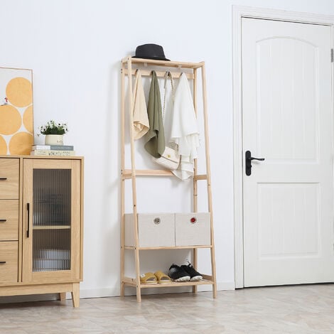 Perchero de Madera con Zapatero de 2 Estantes con 2 Cajones de Tela 4 Ganchos y Barra para Colgar Ropa para Entrada Salón 58x36x168 cm