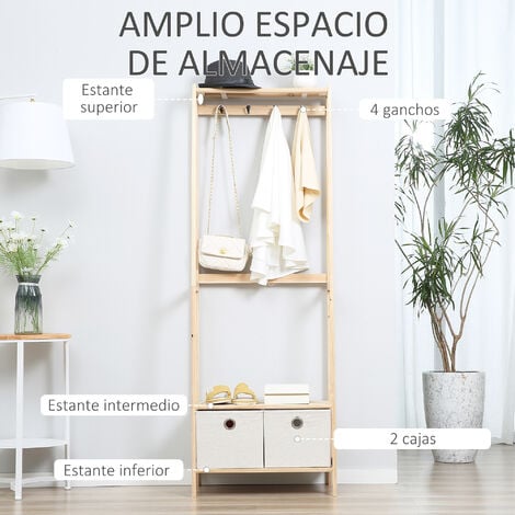 Perchero de Madera con Zapatero de 2 Estantes con 2 Cajones de Tela 4 Ganchos y Barra para Colgar Ropa para Entrada Salón 58x36x168 cm