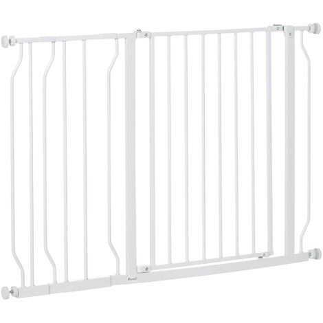 PawHut Barrera de Seguridad de Perros Extensible para Puertas y Escaleras  74-105 cm con 2 Extensiones de 10/15 cm con 2 Puertas y Cierre Automático  Acero Altura 76,2 cm Negro