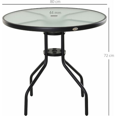 Mesa de Jardín Redonda Mesa Comedor de Cristal Templado con Agujero para Sombrilla y Estructura Metálica para Patio Terraza Balcón Exterior Ø80x72 cm
