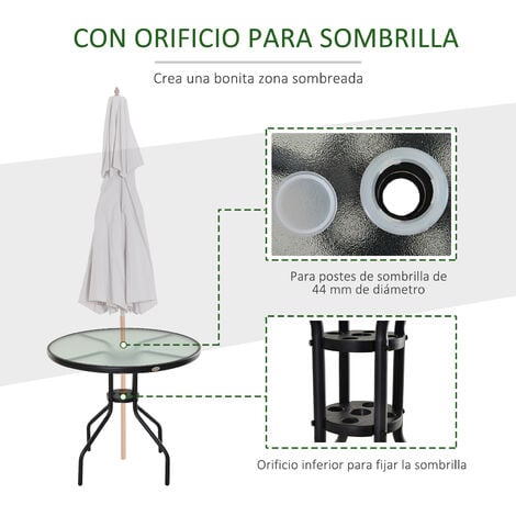 Mesa de Jardín Redonda Mesa Comedor de Cristal Templado con Agujero para Sombrilla y Estructura Metálica para Patio Terraza Balcón Exterior Ø80x72 cm