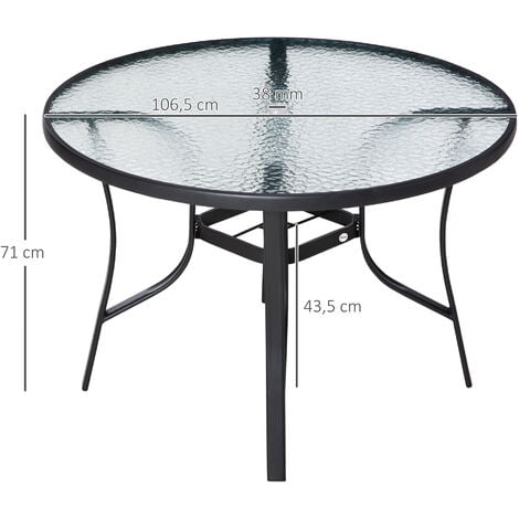 Mesa de Cristal de Jardín con Agujero para Sombrilla Mesa de Comedor Redonda Exterior Terraza Balcón con Marco de Acero Ø106,5x71 cm