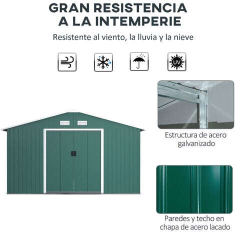 Cobertizo de Jardín Metálico 340x386x200 cm Caseta de Exterior para  Almacenamiento de Herramientas con Base Incluida 4 Ventanas y Puerta  Corredera 13