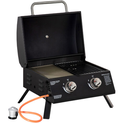 Barbacoa de Mesa a Gas Plegable con 2 Quemadores Parrilla de Gas Portátil con Tapa Acero a Carbono para Camping Picnic al Aire Libre 55x46,5x41 cm