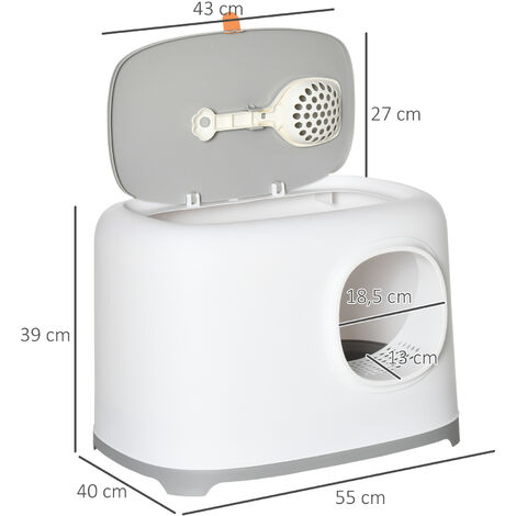 Arenero para Gatos XXL, Caja de Arena con Tapa, Paleta y Cepillo, para Gatos hasta 15 kg, Gris