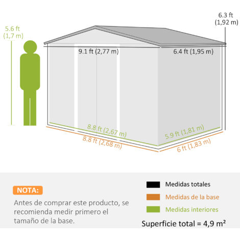 Cobertizo de jardín de exterior 4,9 m² 277x195x192 cm caseta de jardín con 2 puertas corredizas base refuerzo (suelo no incluido) verde oscuro
