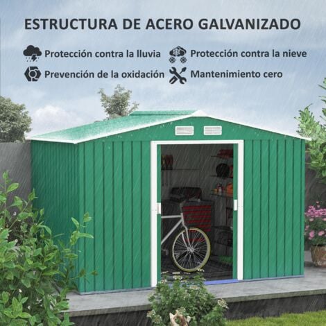 Cobertizo de jardín de exterior 4,9 m² 277x195x192 cm caseta de jardín con 2 puertas corredizas base refuerzo (suelo no incluido) verde oscuro