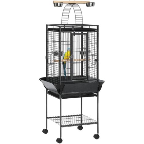 Jaula para Pájaros con Soporte Ruedas 62,5x62,5x156cm Jaula Metálica de Aves con Puente de Arco 2 Perchas 4 Comederos 2 Bandejas Extraíbles Estante