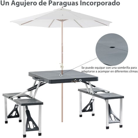 Juego de sillas de mesa de camping plegable, color plateado, maleta de  aluminio, mesa de picnic portátil con 4 asientos, agujero para paraguas  para