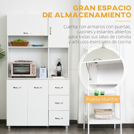 HOMCOM Aparador Alacena de Cocina Mueble Auxiliar para Microondas con 2  Armarios y Cajón 68,6x40x164 cm Blanco