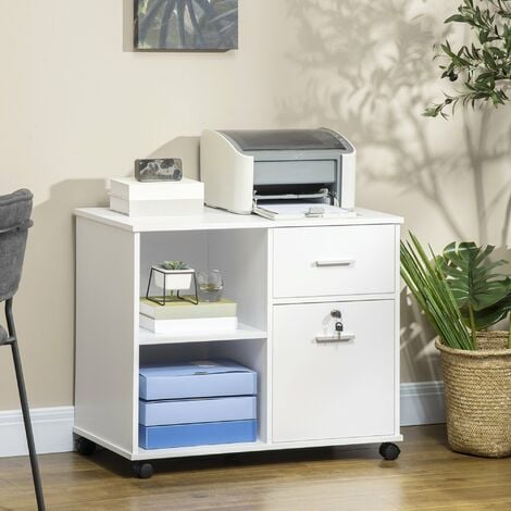Armario para Impresora Mueble Auxiliar de Oficina con Ruedas con 2 Estantes  2 Cajones 2 Frenos