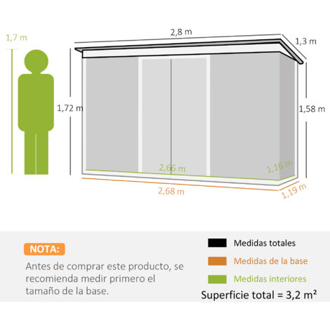 Outsunny cobertizo de jardín 280x130x172 cm base 3,2 m² caseta metálica para almacenamiento de herramientas con 2 puertas base y 2 ventanas