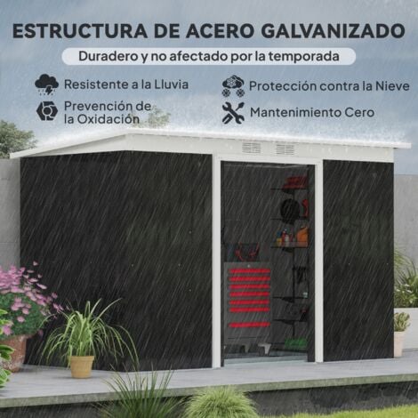 Outsunny cobertizo de jardín 280x130x172 cm base 3,2 m² caseta metálica para almacenamiento de herramientas con 2 puertas base y 2 ventanas