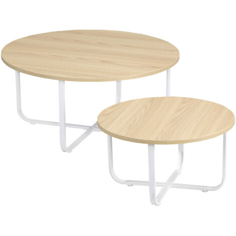 HOMCOM juego de 2 mesas de centro Ø65x32 cm y Ø45x26 cm mesas de salón redondas con encimera de madera patas de metal para domitorio natural y blanco